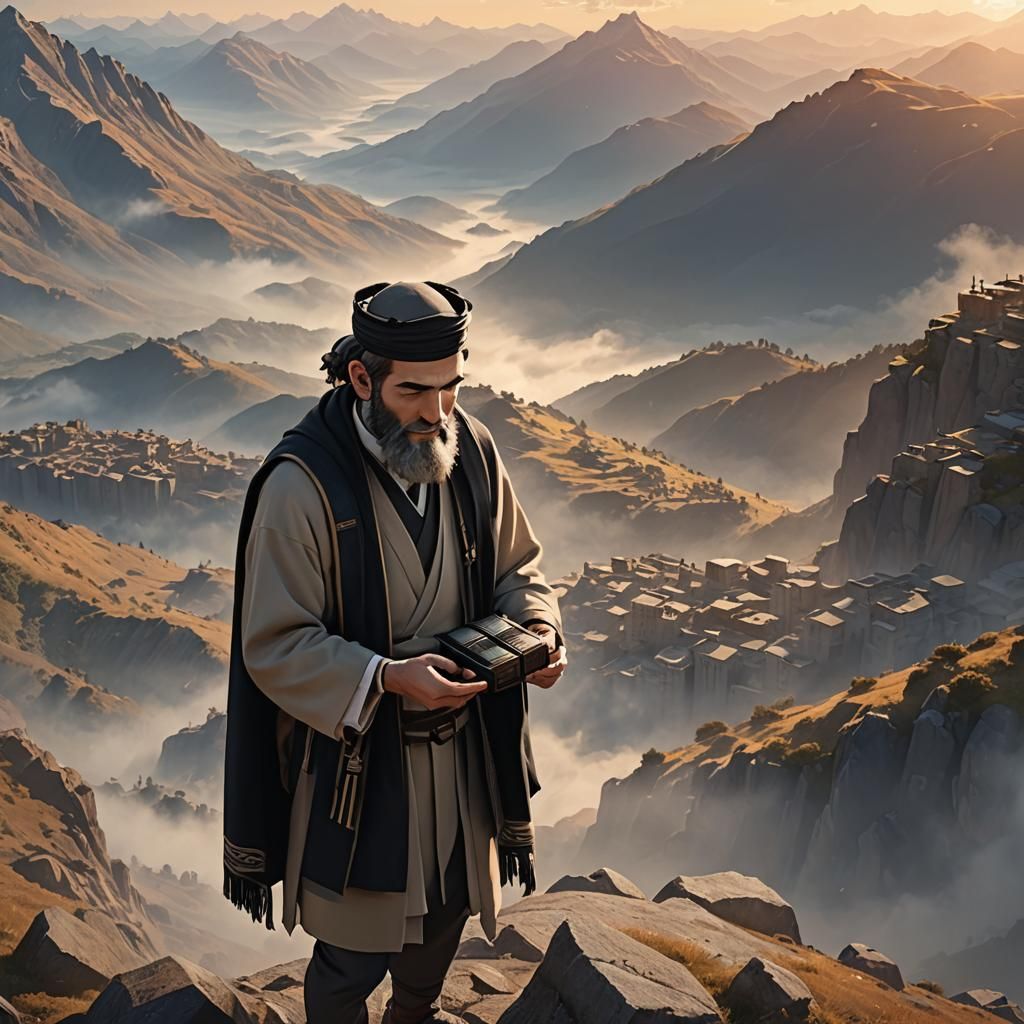 Jewish Man on Mountain at Sunrise in Anime Style