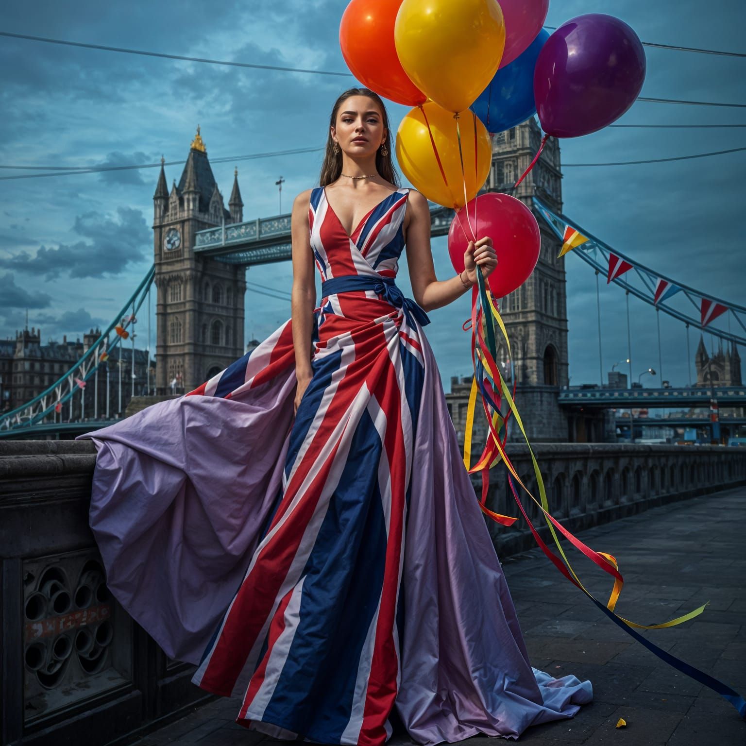 British Flag Gown with Rainbow Balloons