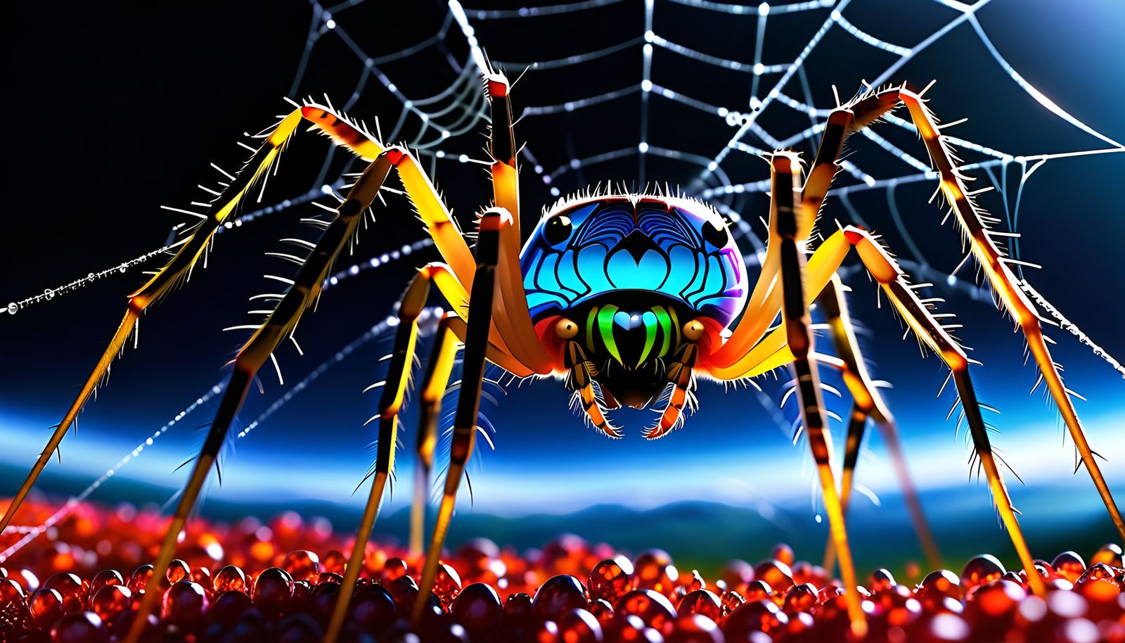 Bioluminescent Steel Spider Over Earth: Surreal Fractal Art