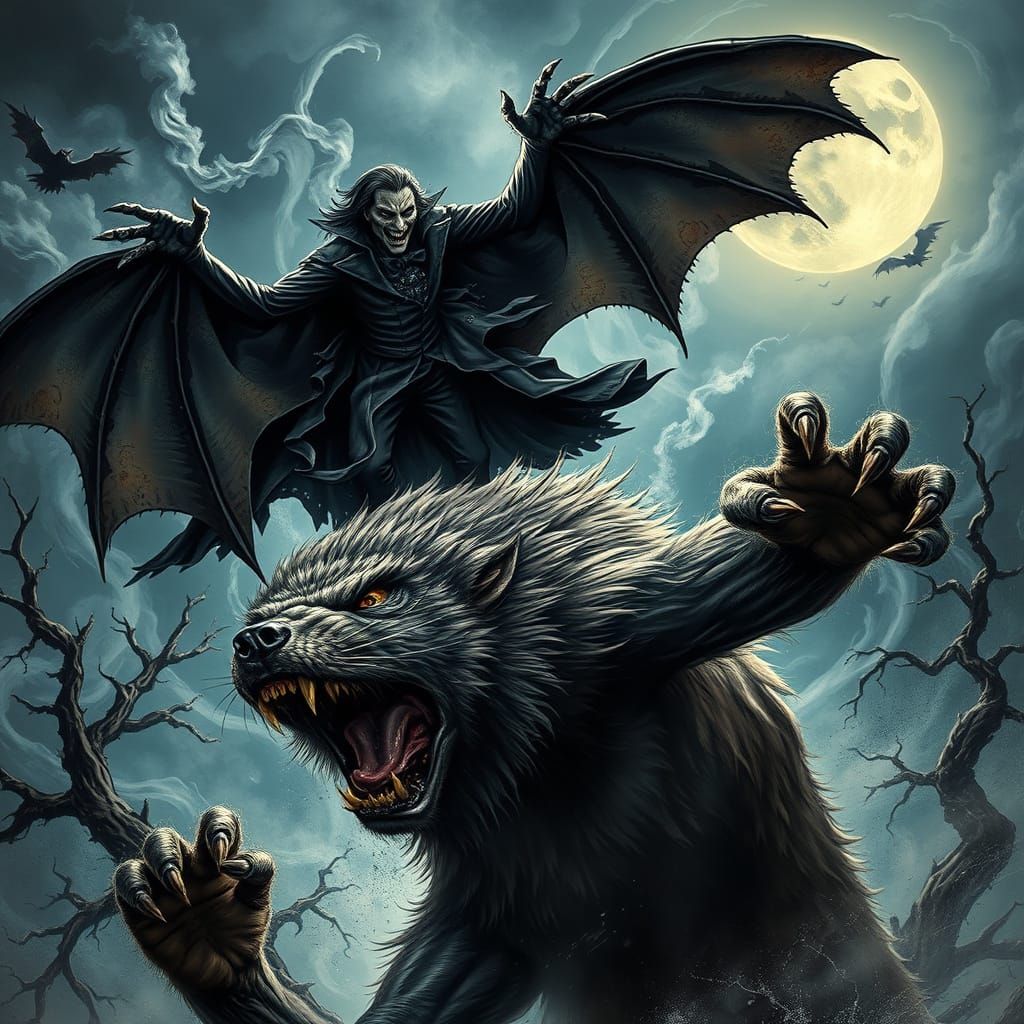 Gothic Vampire Battles Supernatural Werewolf Under Stormy Mo...