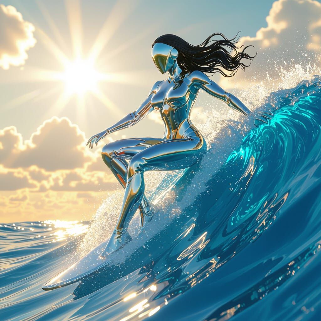 Chrome Heroine Rides Ocean Wave in Anime Style