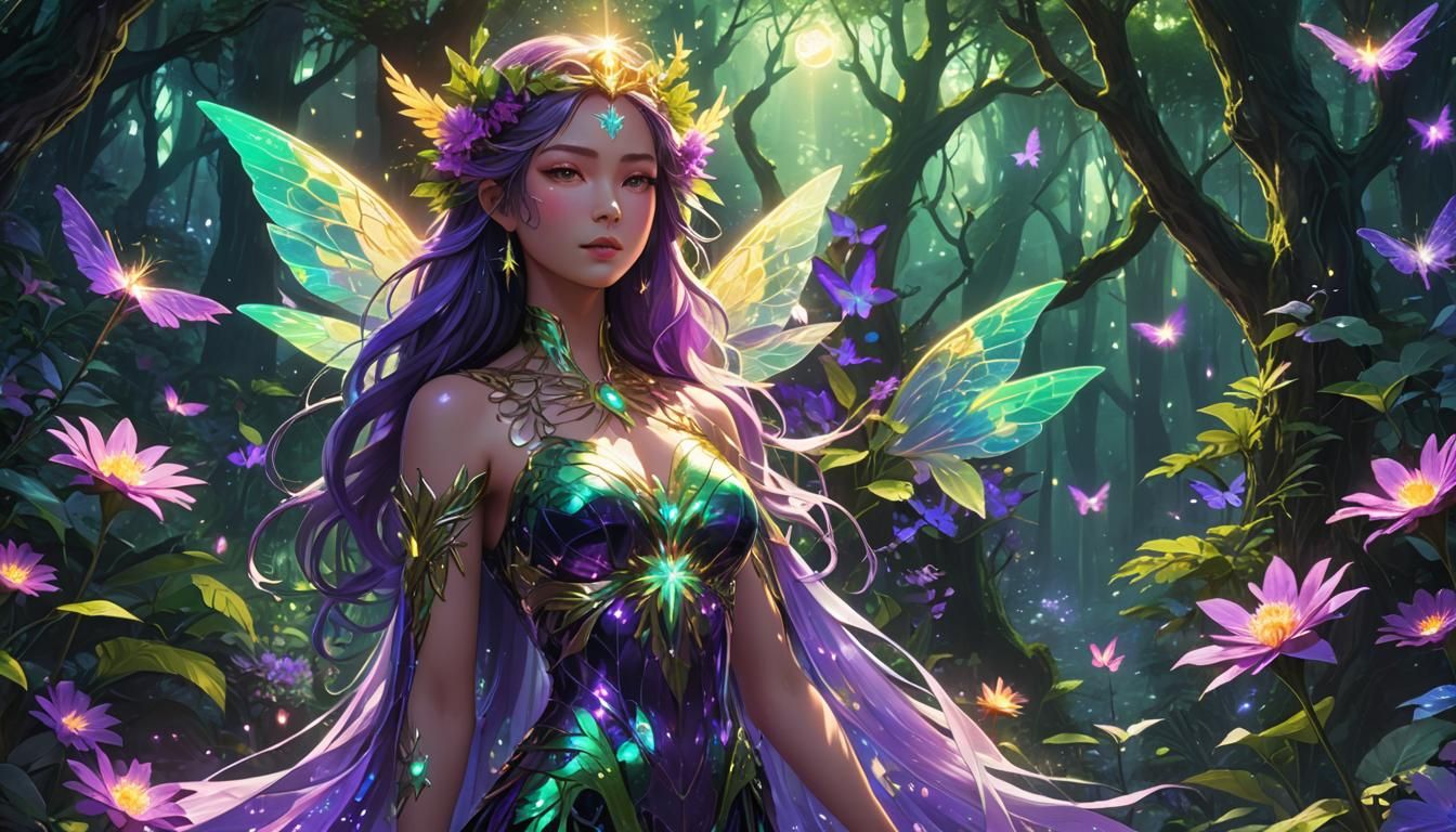 Anime Forest and Sun Goddess with Neon Aura