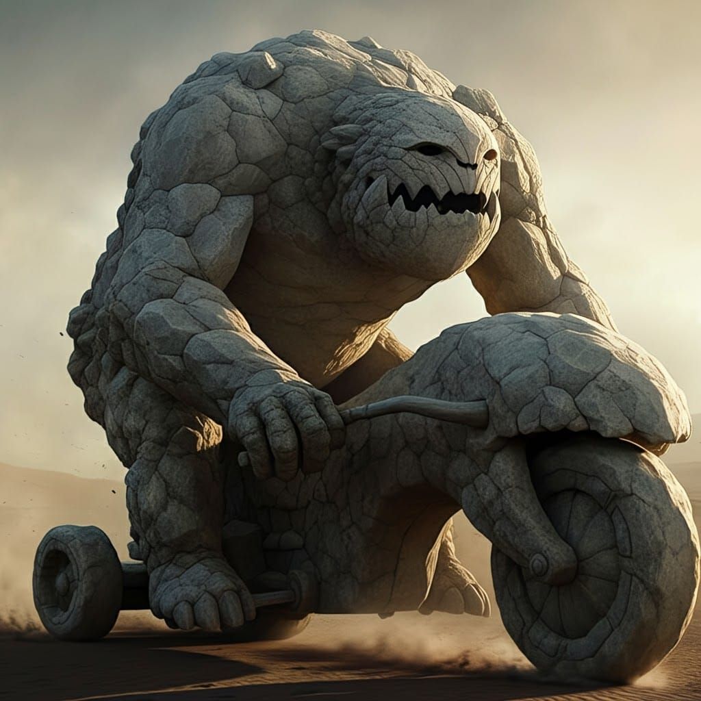 Hyper-Realistic Rock Biter on Granite Tricycle
