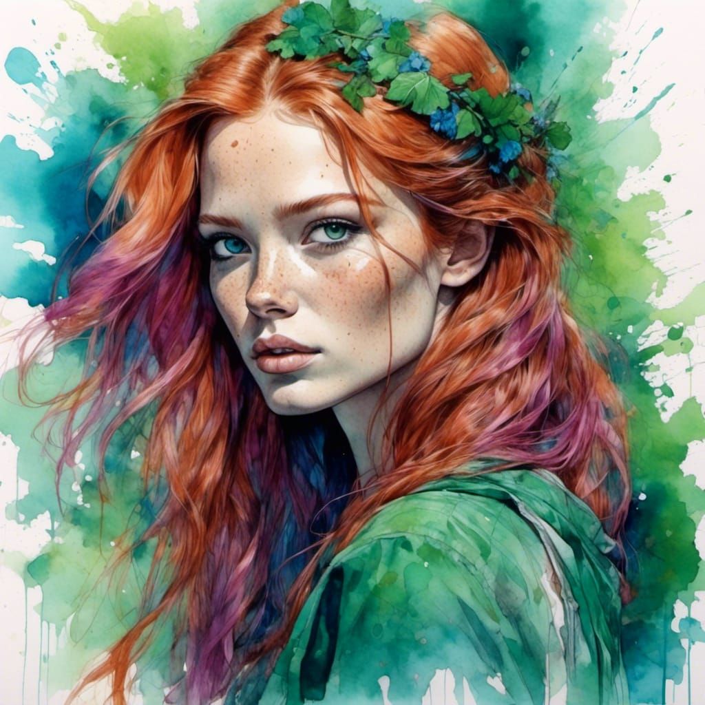 Freckled Ginger Woman Portrait with Ink Splashes