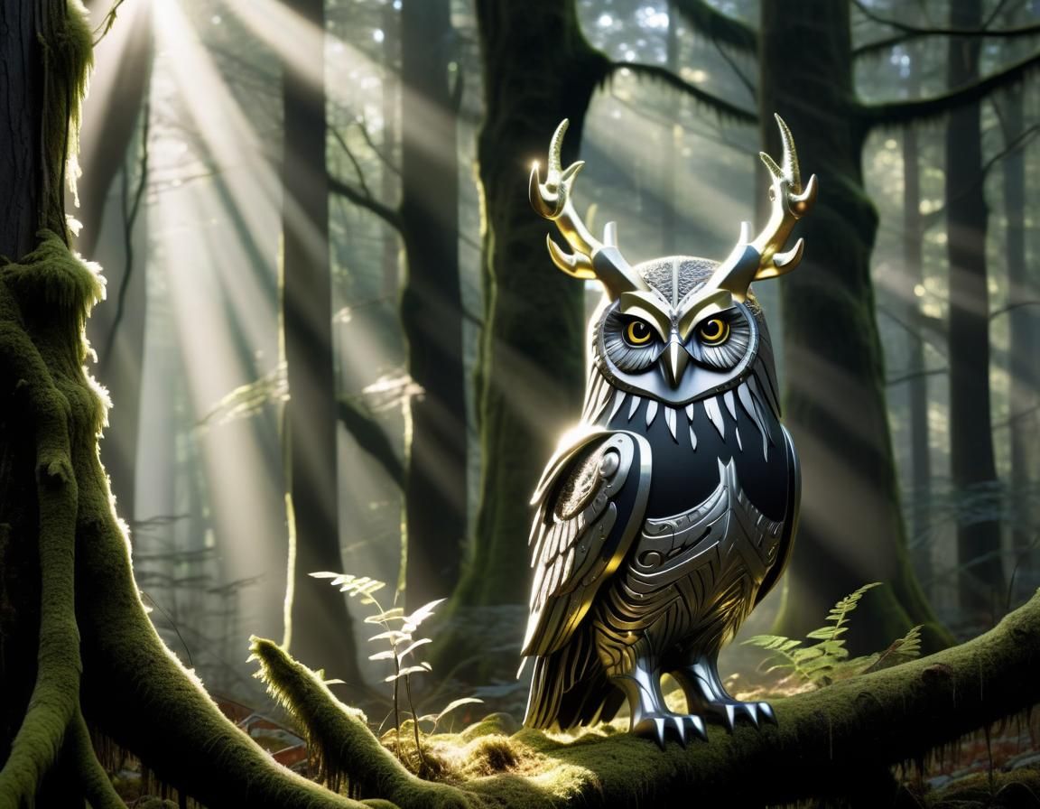 Owl-Faced Creature with Art Deco Circuitry in Forest