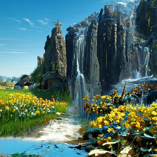 Waterfall and Daisies: Fantastical Concept Art