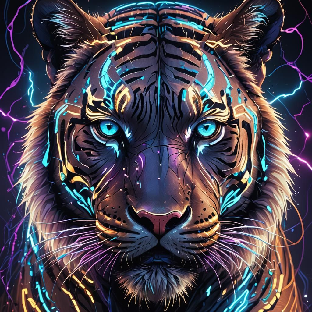 Electric Tiger Portrait in Cyberpunk Neon Style