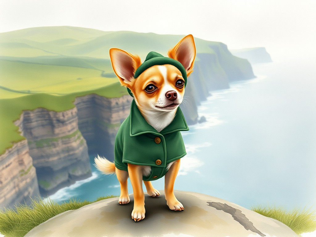 Chihuahua on Ireland Cliffs in Watercolor Style