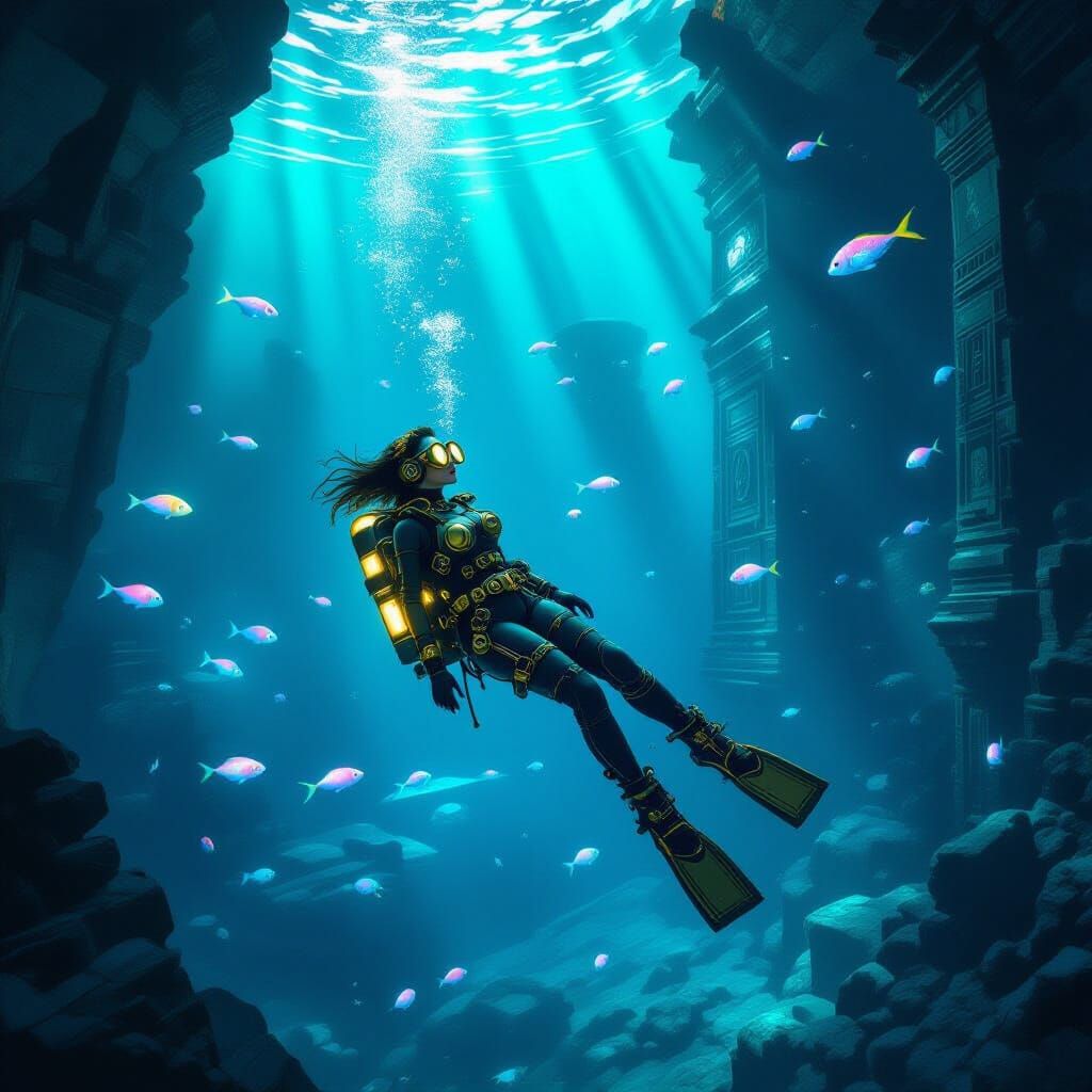 Steampunk Explorer in Bioluminescent Underwater Cavern Ruins