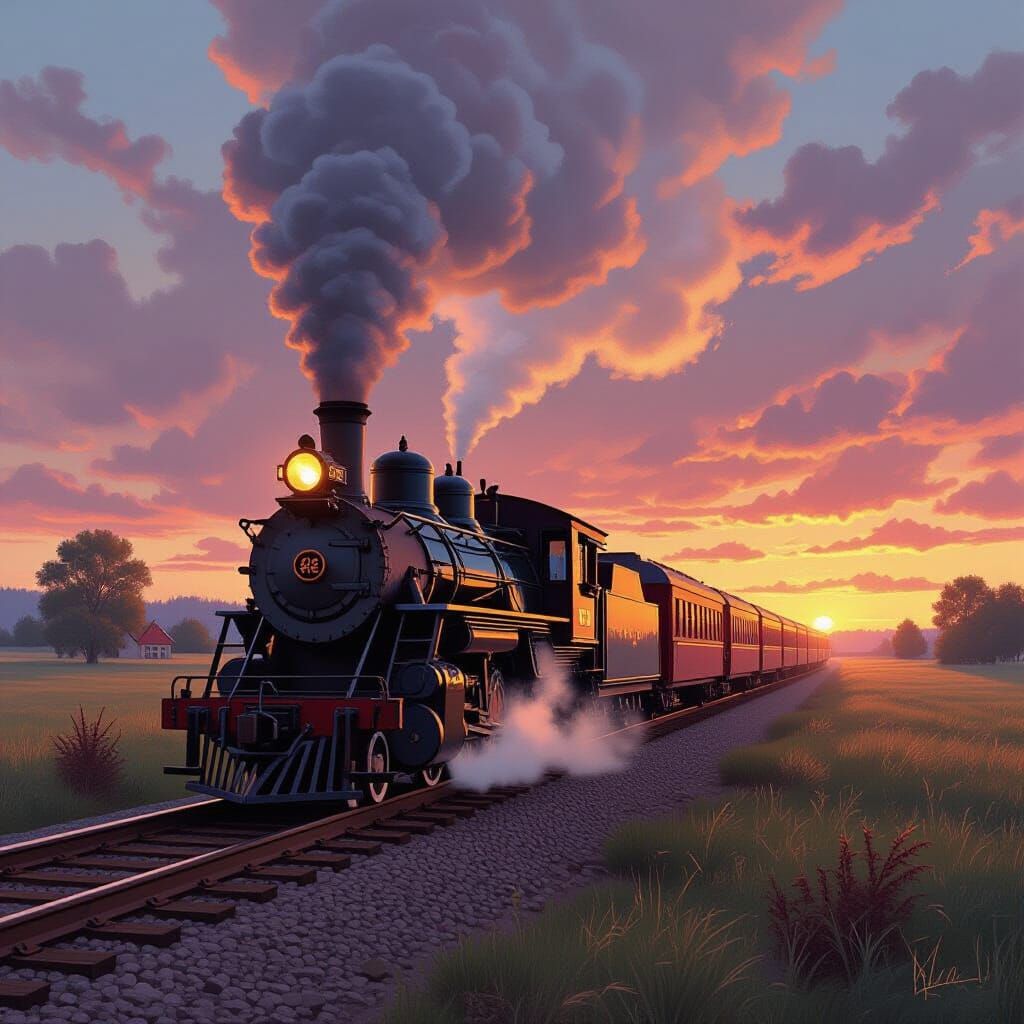 Vintage Steam Train at Dusk in Rockwell Style