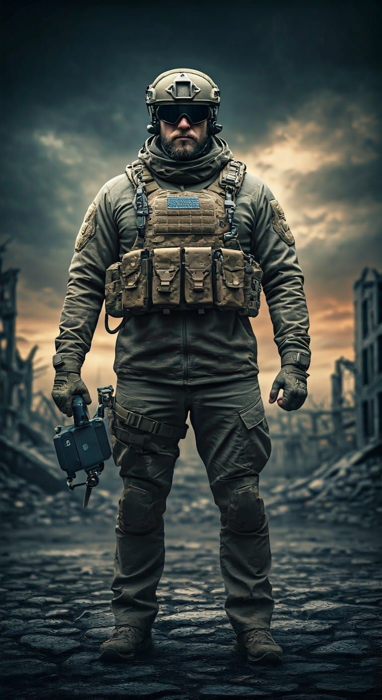 Ukrainian FPV Pilot in War-Torn Landscape