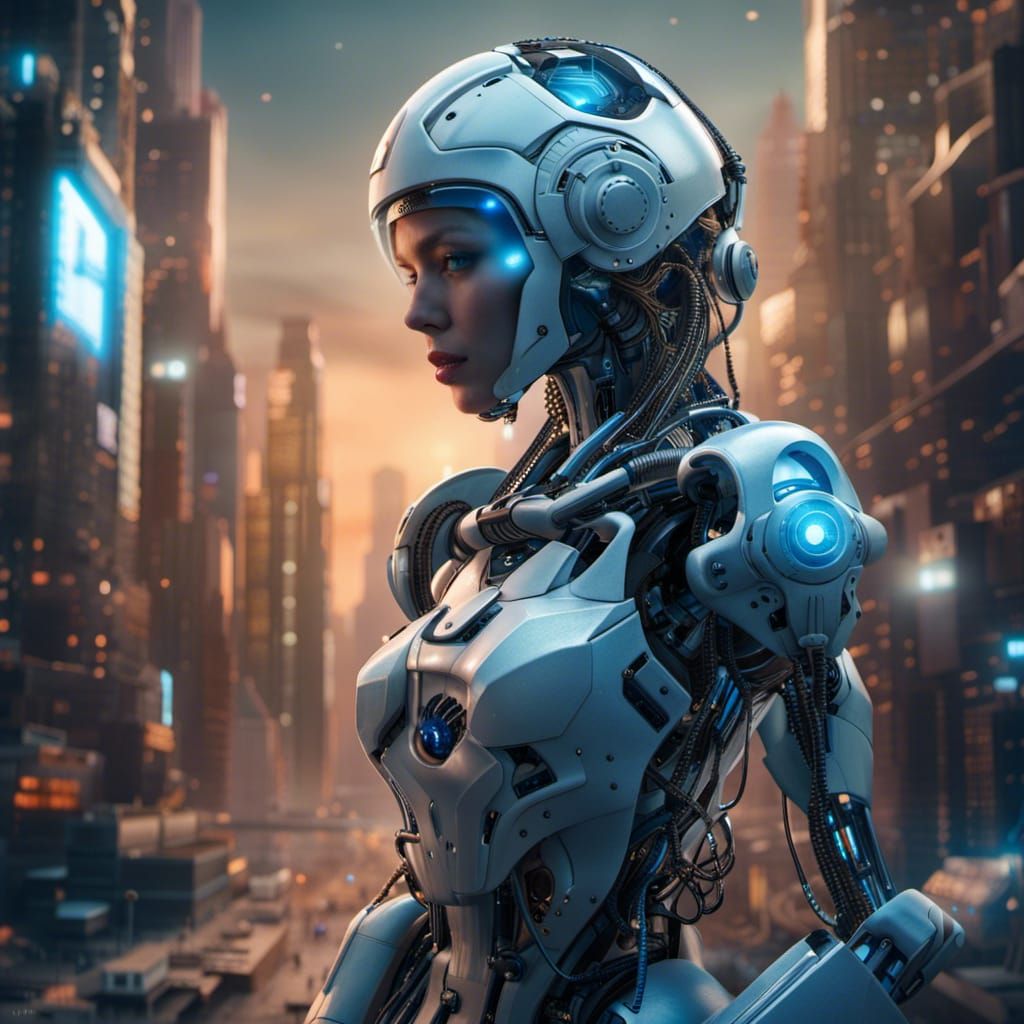 Futuristic Robot Woman in Space City