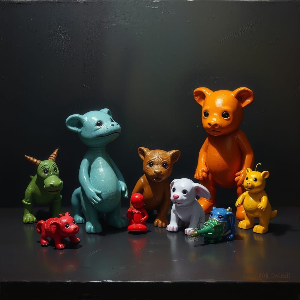 Gloomy Oil Painting of Vibrant Plastic Toys