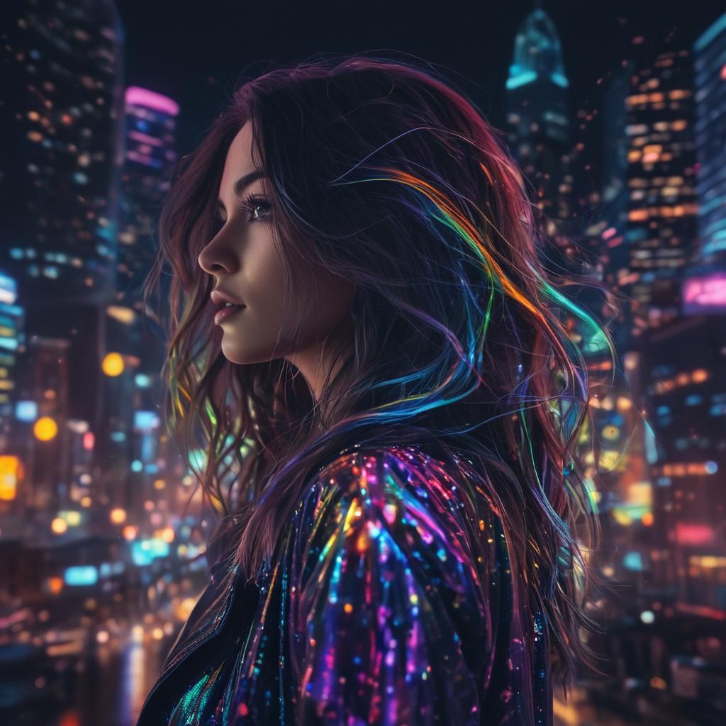 Surreal Double Exposure: Woman in Neon Cityscape