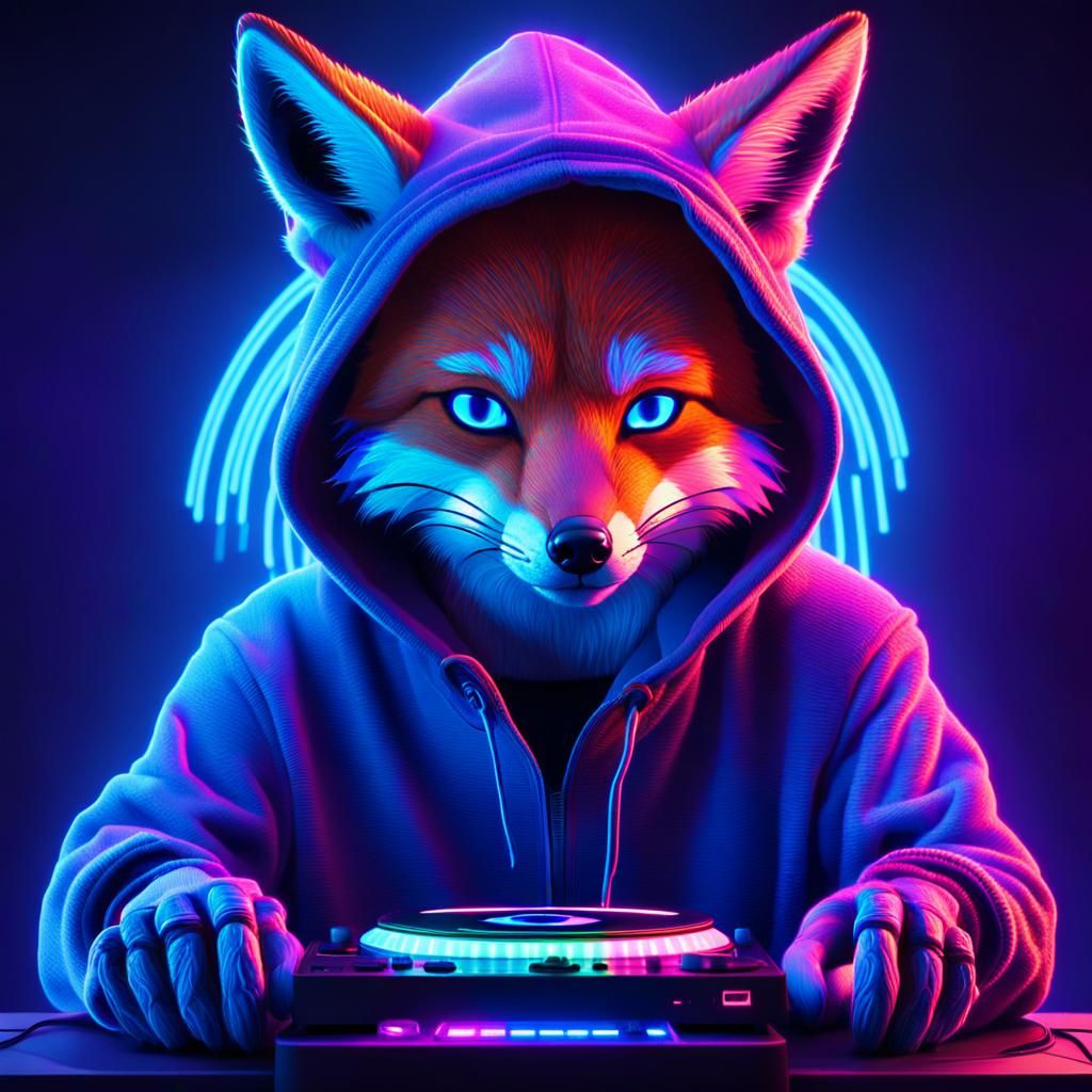 Fox DJ at Neon Party in Digital Art Style