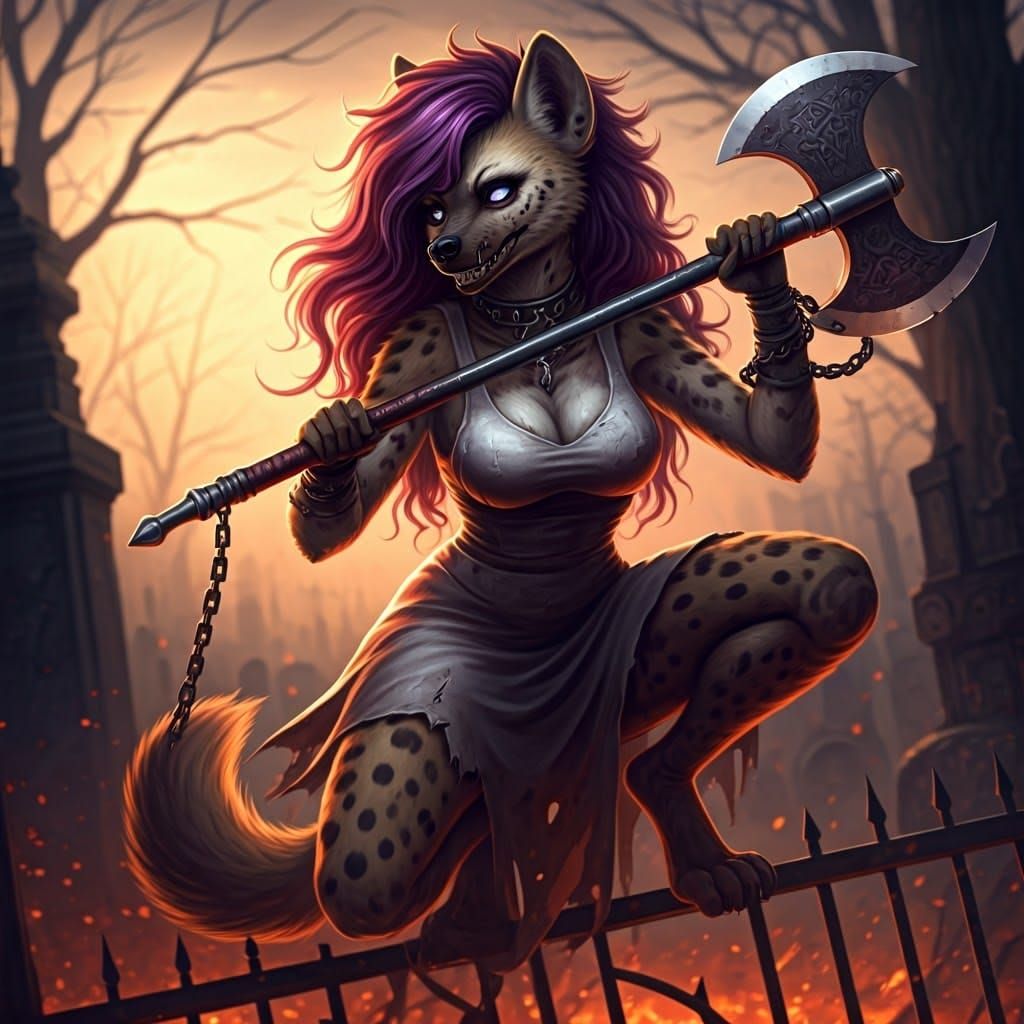 Feminine Furry Zombie Hyena Ready to Pounce in Prom Dress