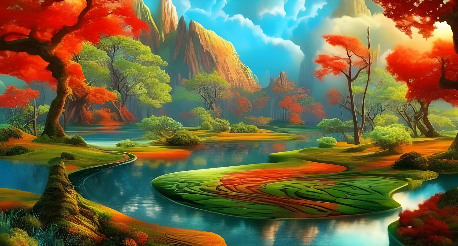 Fiery Trees in a Dramatic Japanese Landscape