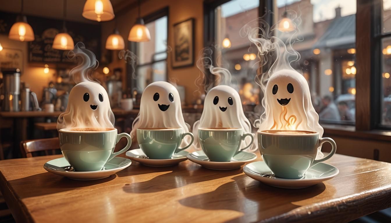 Ghosts Drinking Coffee in Cozy Cafe: Hyperrealistic Digital ...