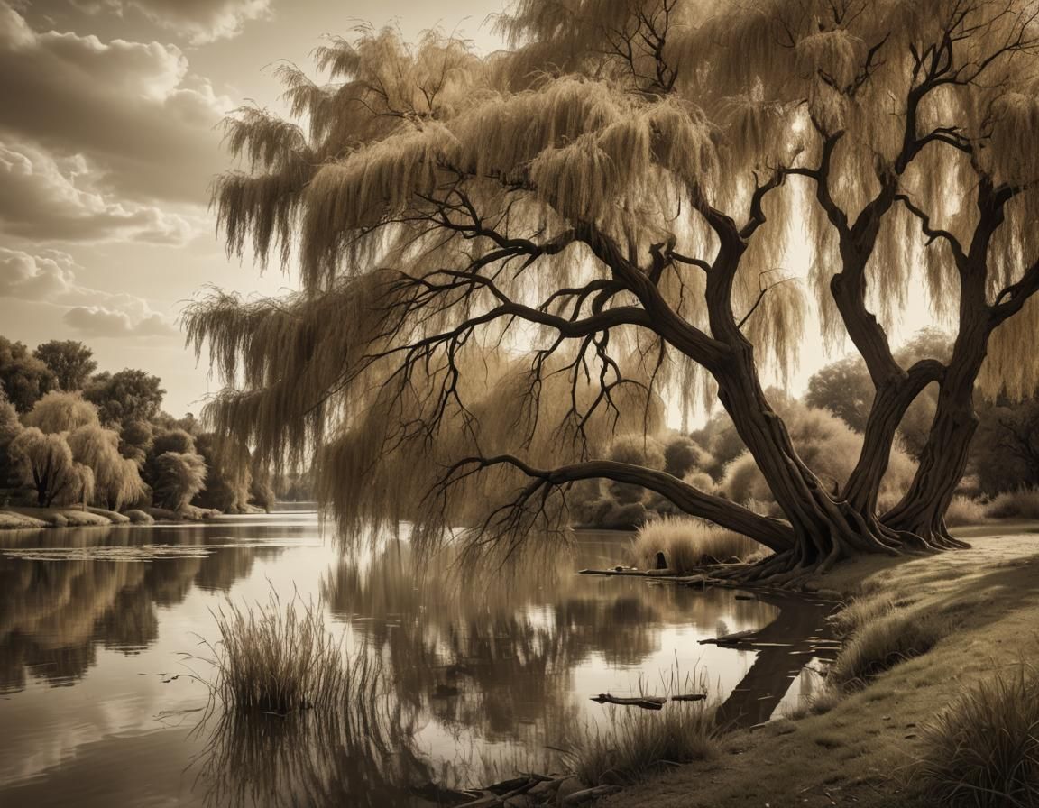 Sepia Willow by Lake: Dramatic Digital Painting
