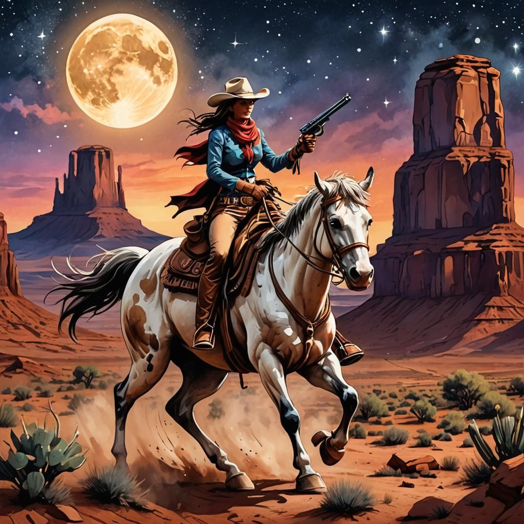 Cowgirl Rides in Monument Valley at Sunset