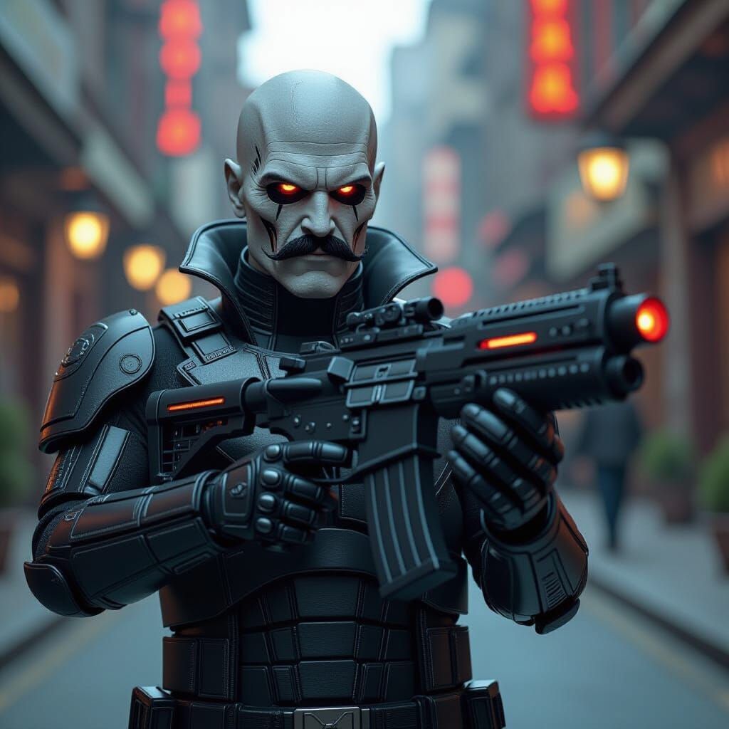 Cyborg Voldemort with Laser Gun in Futuristic Style