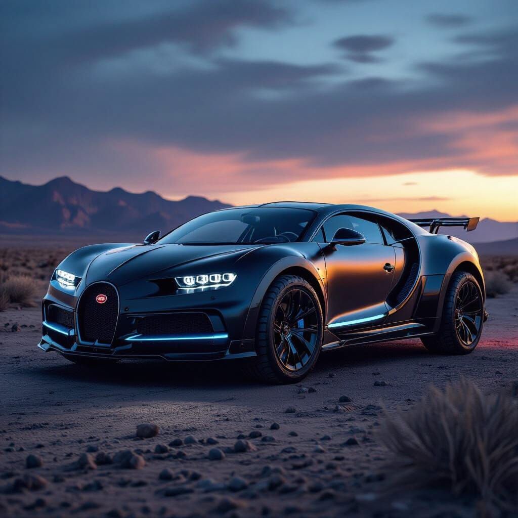 Futuristic Bugatti Raptor Fusion in Stormy Desert