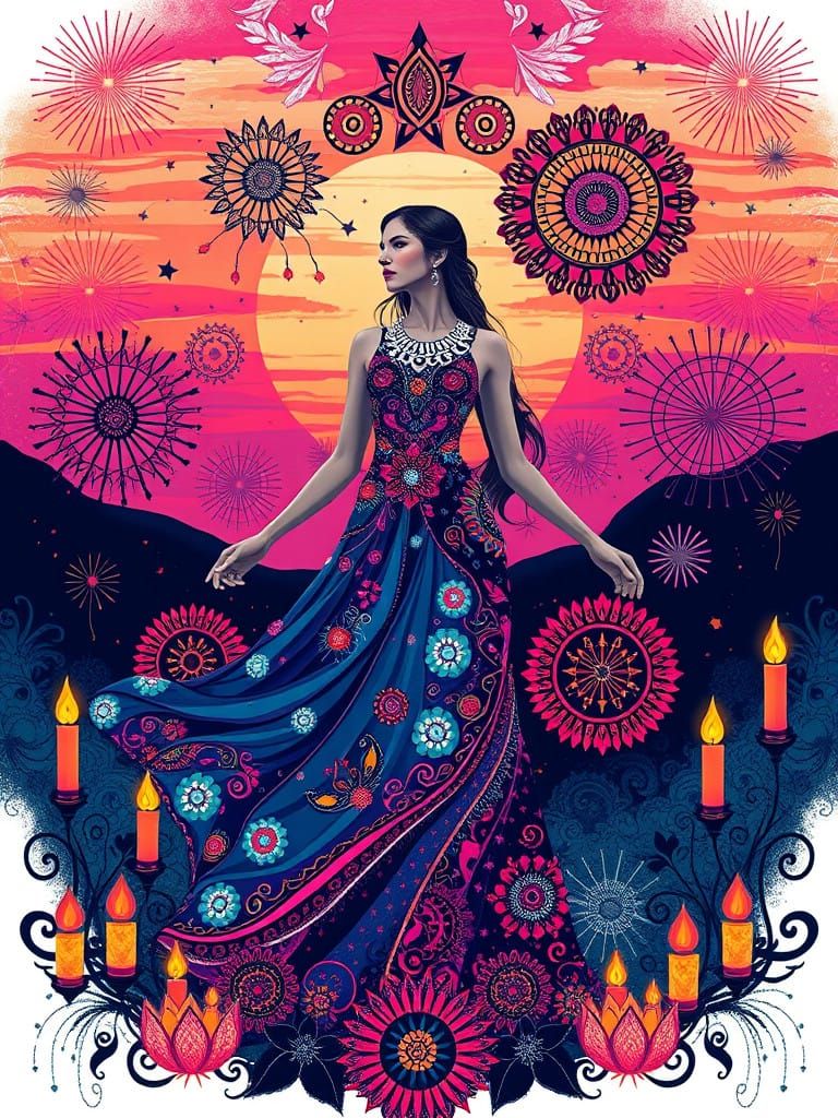 Vibrant Celebration Scene with Mandalas and Fireworks in Kal...