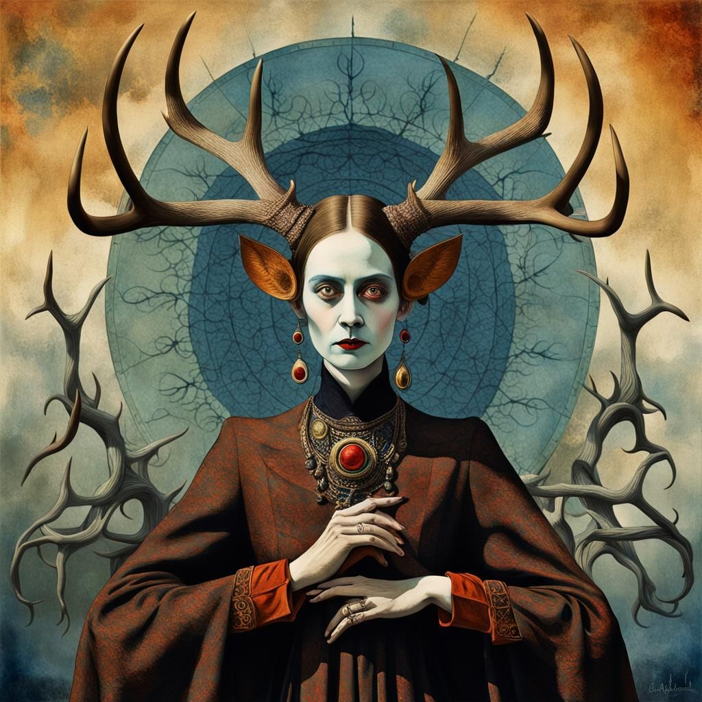 Gothic Woman with Antlers in Surrealist Style