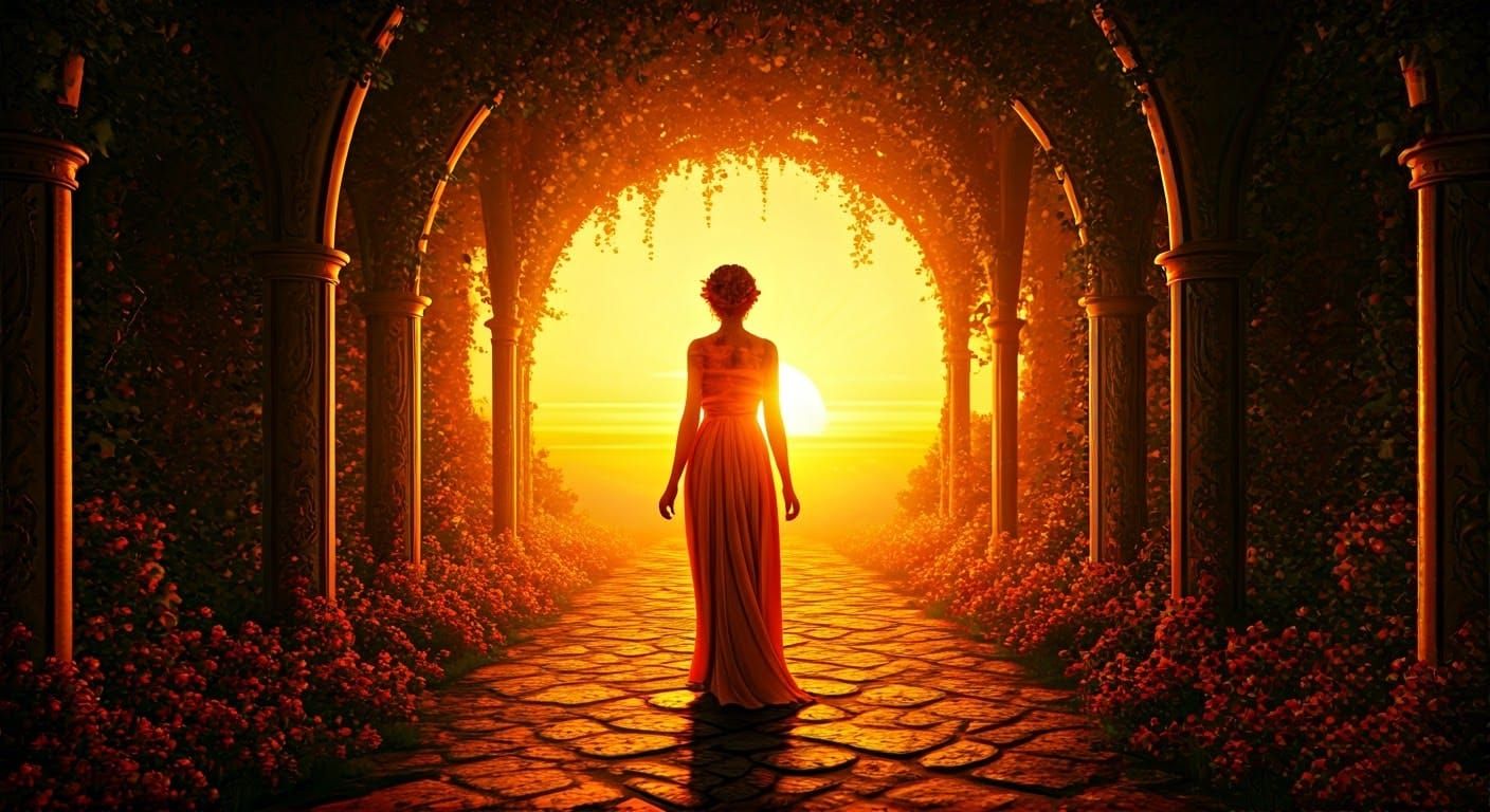 Sunset Woman in Enchanted Forest: A Surreal Artwork