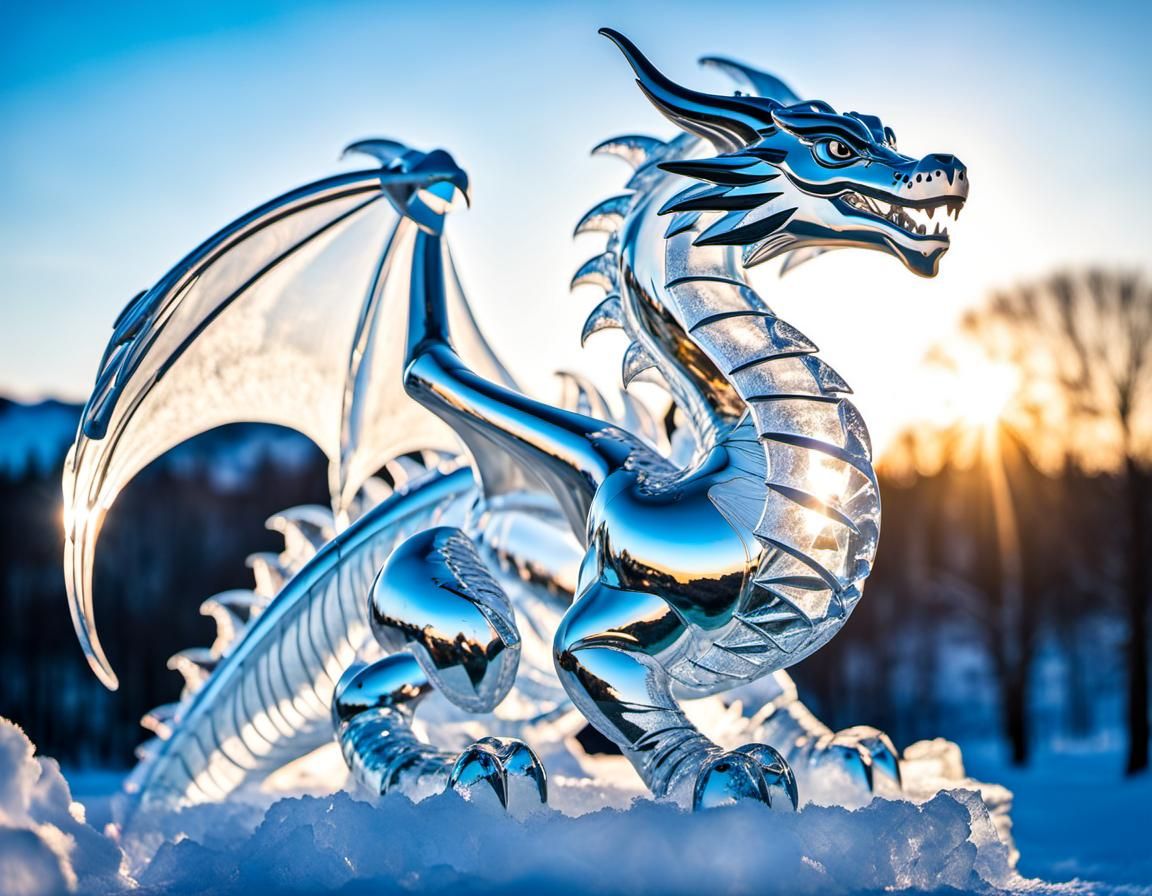 Majestic Ice Dragon Sculpture in Winter Wonderland