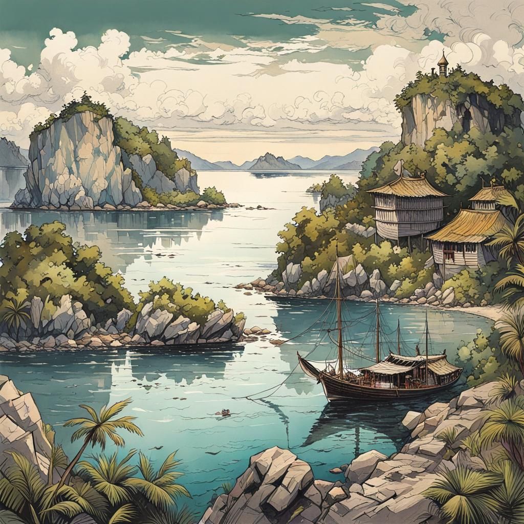 Detailed Island Scenery in Vintage Postcard Style
