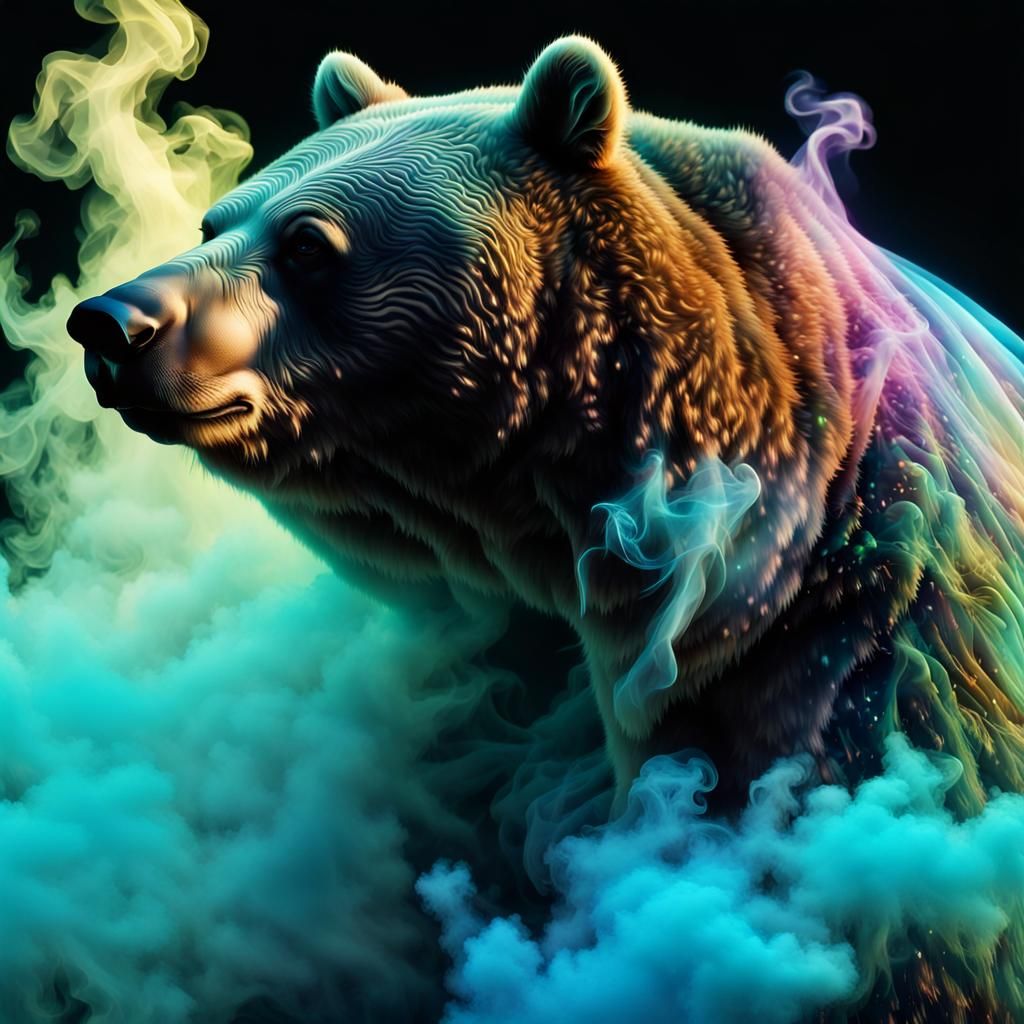 Bioluminescent Bear Portrait in Holographic Darkness