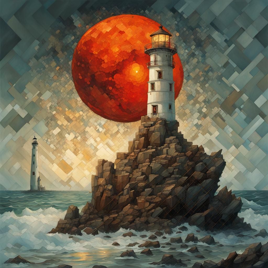 Mosaic Bloodmoon Lighthouse Seascape in Digital Pointillism