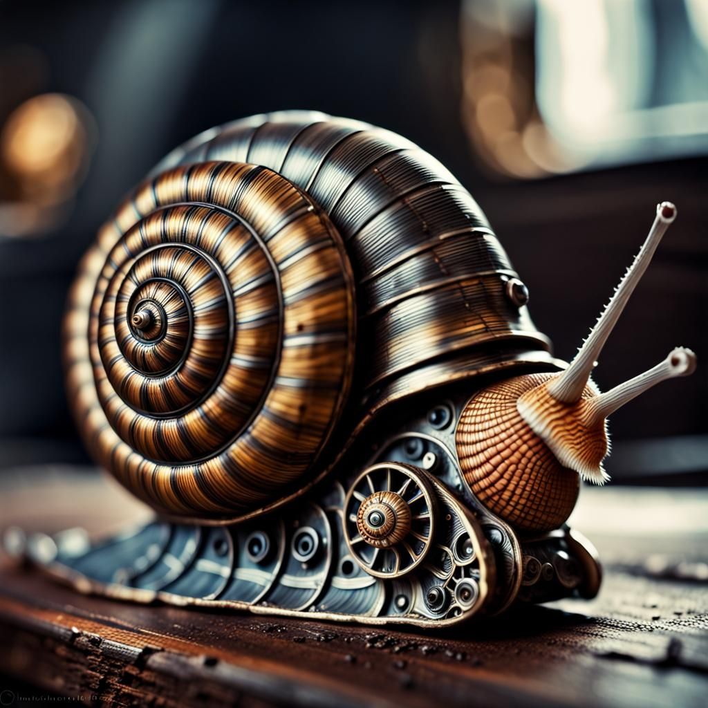 Hyperrealistic Clockwork Snail with Intricate Details