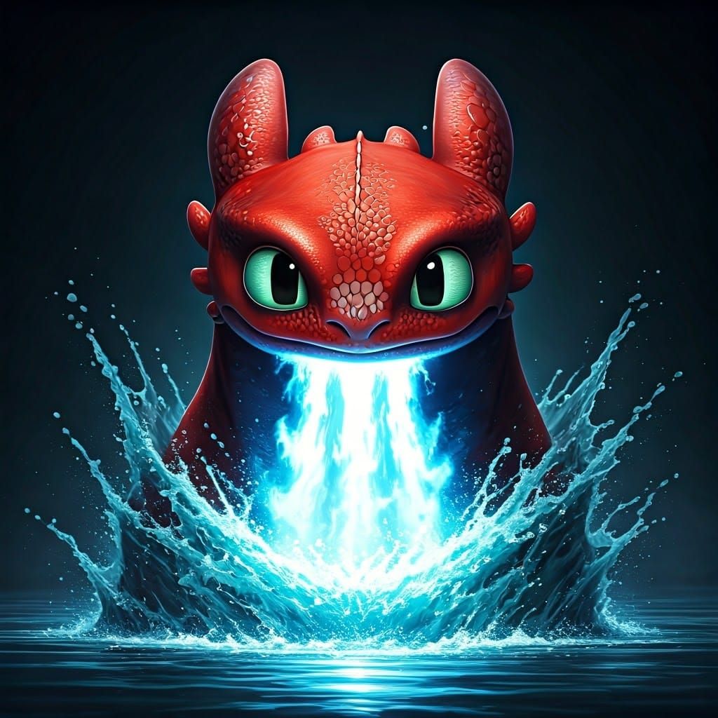 Red Night Fury Dragon Water Blast in Fantasy Art