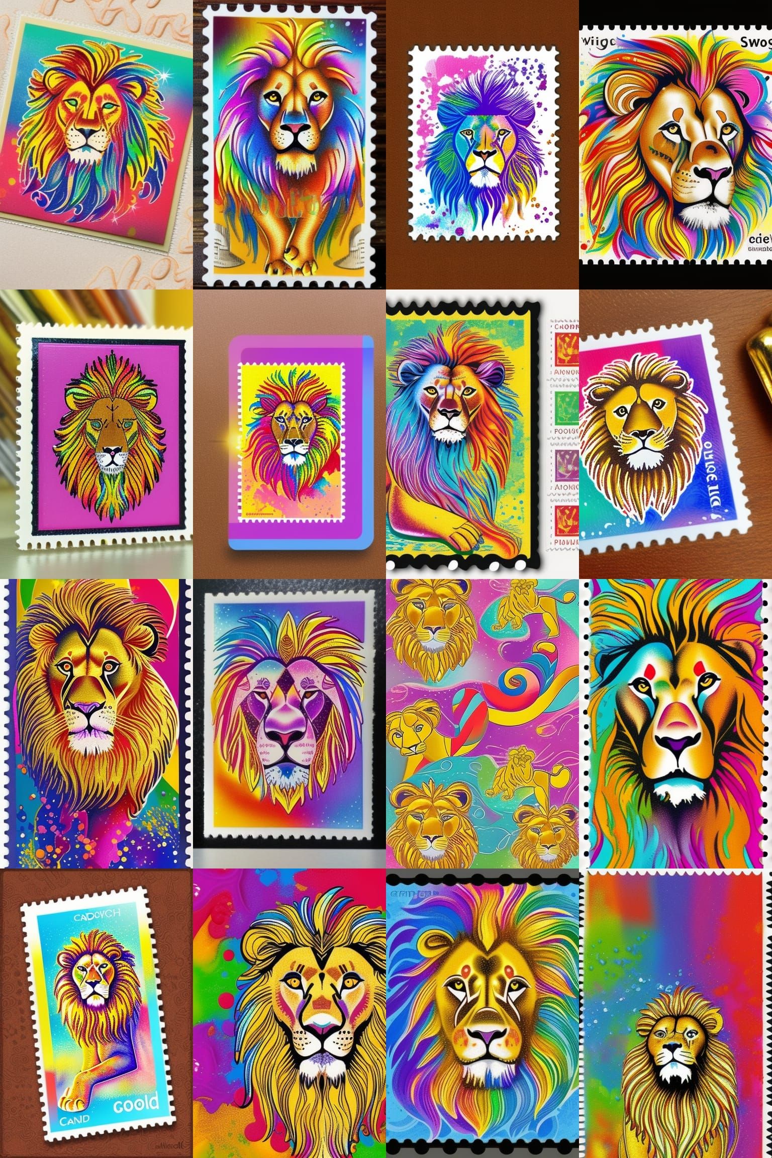 Pixelated Gold Lion Stamp: Colorful Digital Art