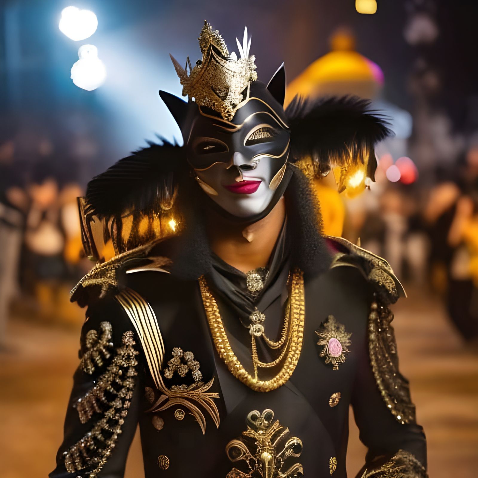 Man with Black Cat Masquerade Mask, Fantasy Portrait