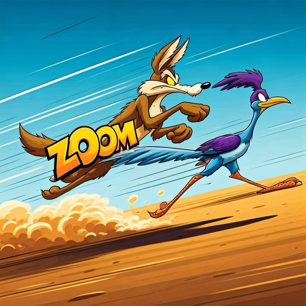 Cartoon Coyote and Roadrunner Chase in Desert
