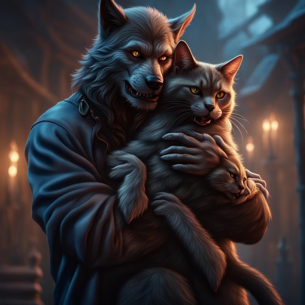 Werewolf with Cat-Girl Neko in Detailed Fantasy Art