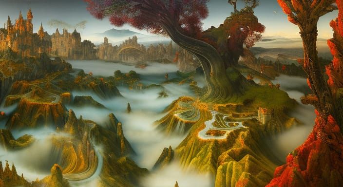 Psychedelic Fantasy Landscape with Ancient Tree, Detailed Co...
