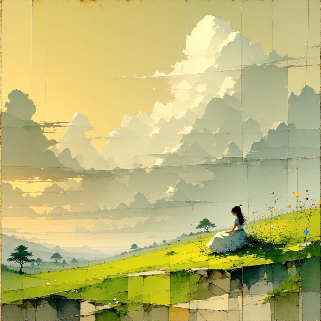 Dreamy Woman in a Vibrant Meadow, Inspired by Monet and Ghib...