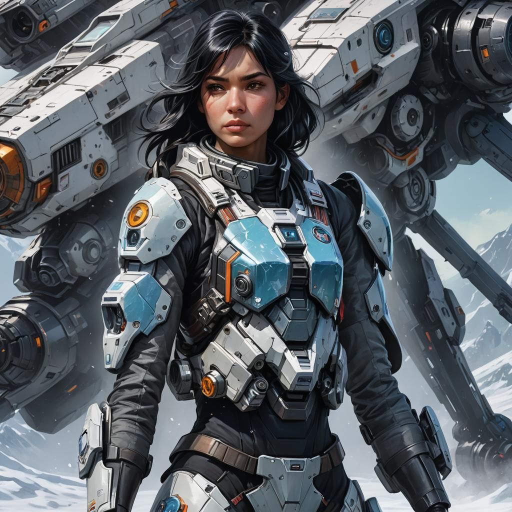 Icy Pilot with Mech, Hyperdetailed Art by Rutkowski