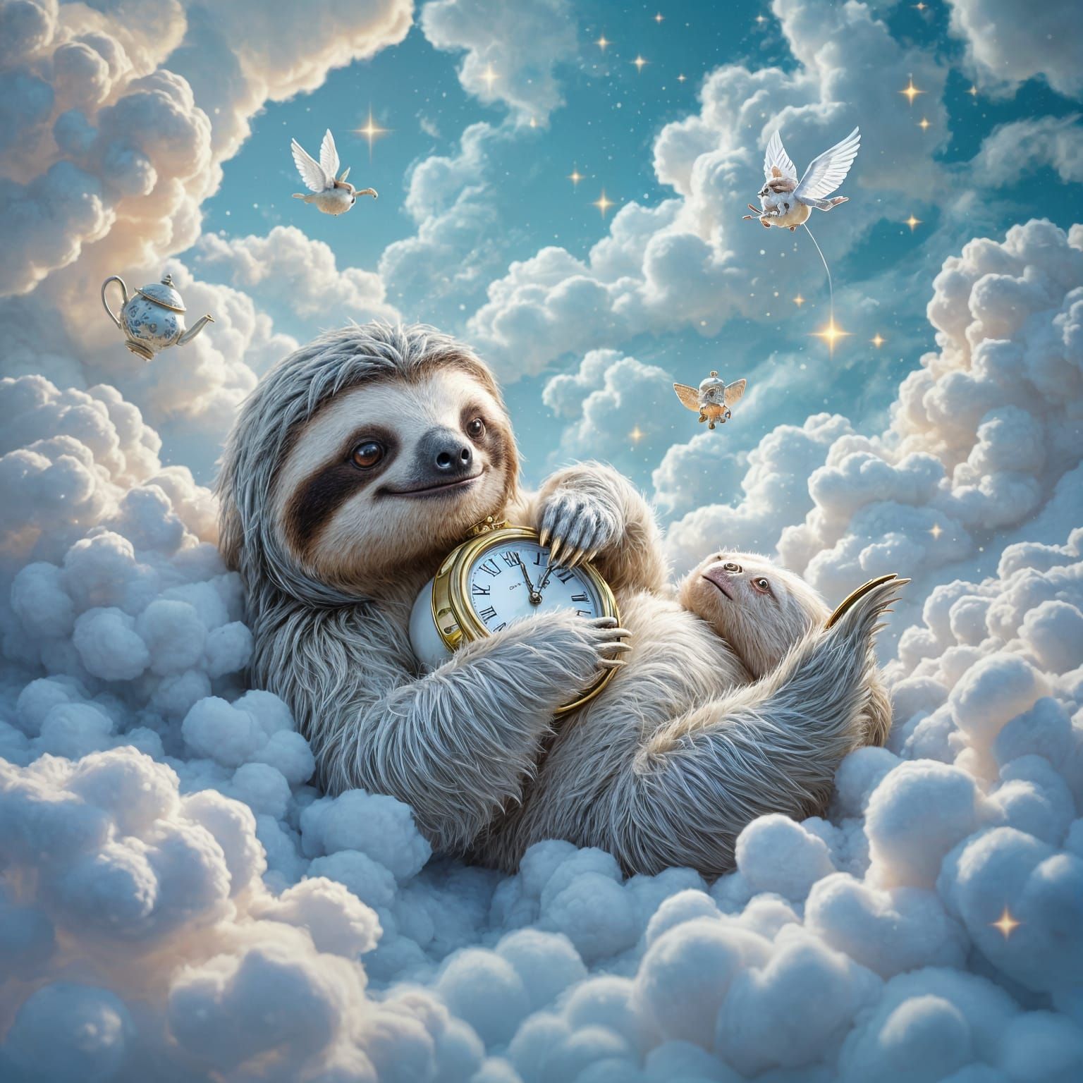 Dreamlike Sloth with Melting Clock in Pastel Clouds