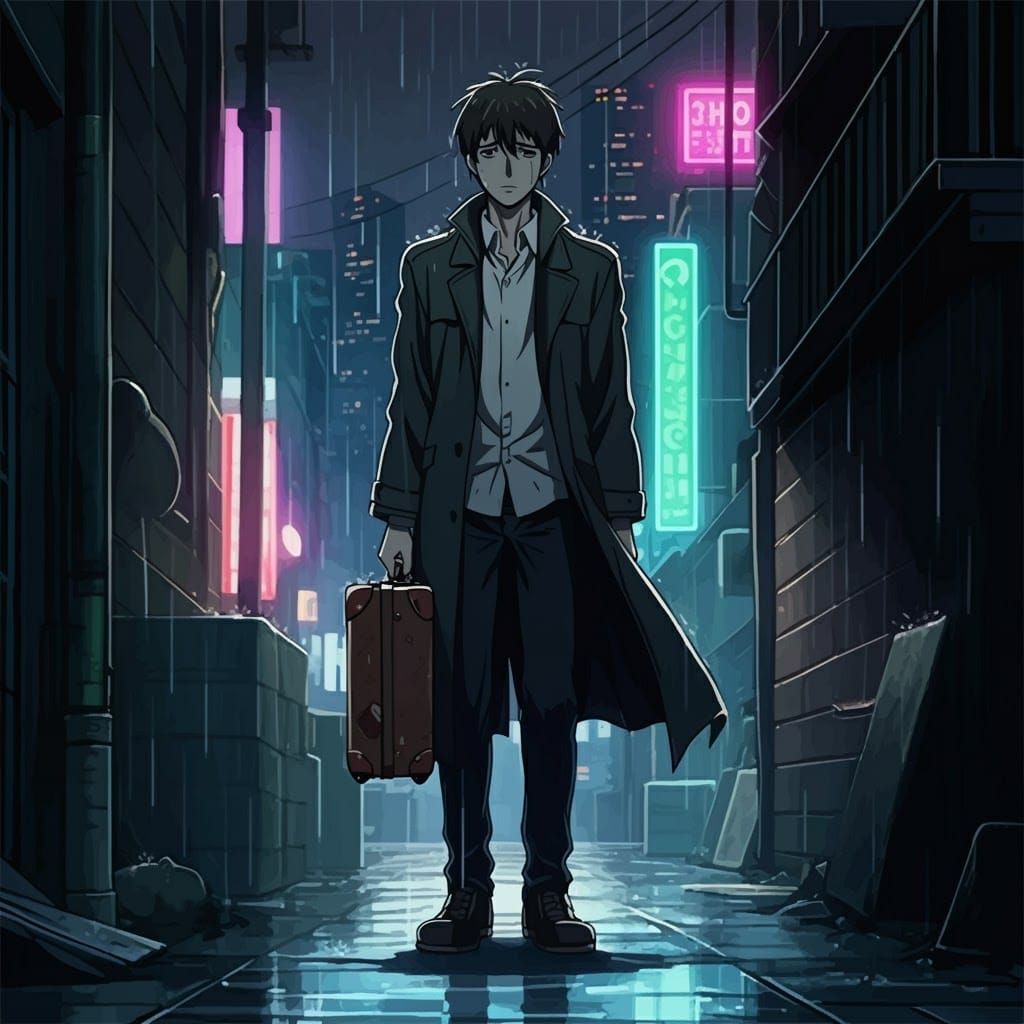 Rainy Alleyway: Young Man in Cel-Shaded Anime Style