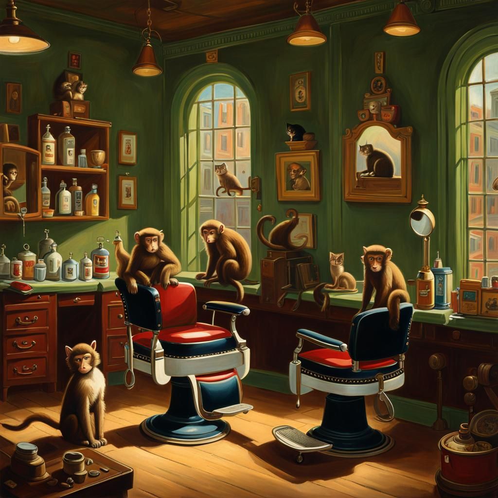 Barber Shop with Monkeys and Cats, Vintage Style
