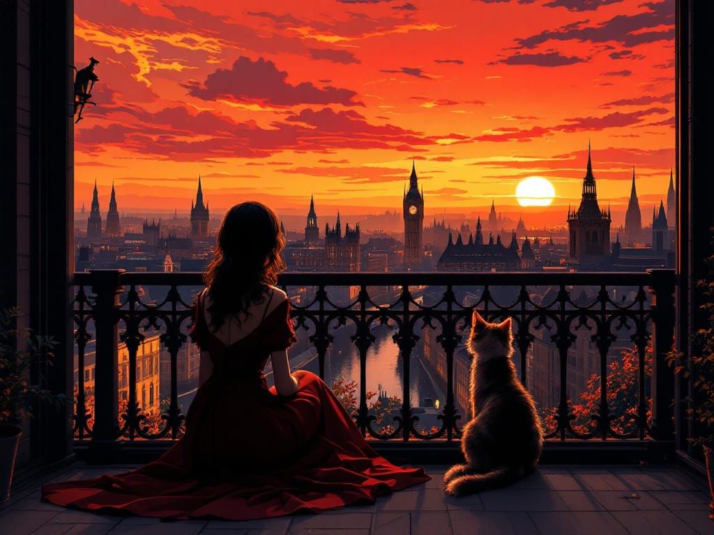 Girl and Cat Watch Sunset Over Whimsical Town in Studio Ghib...