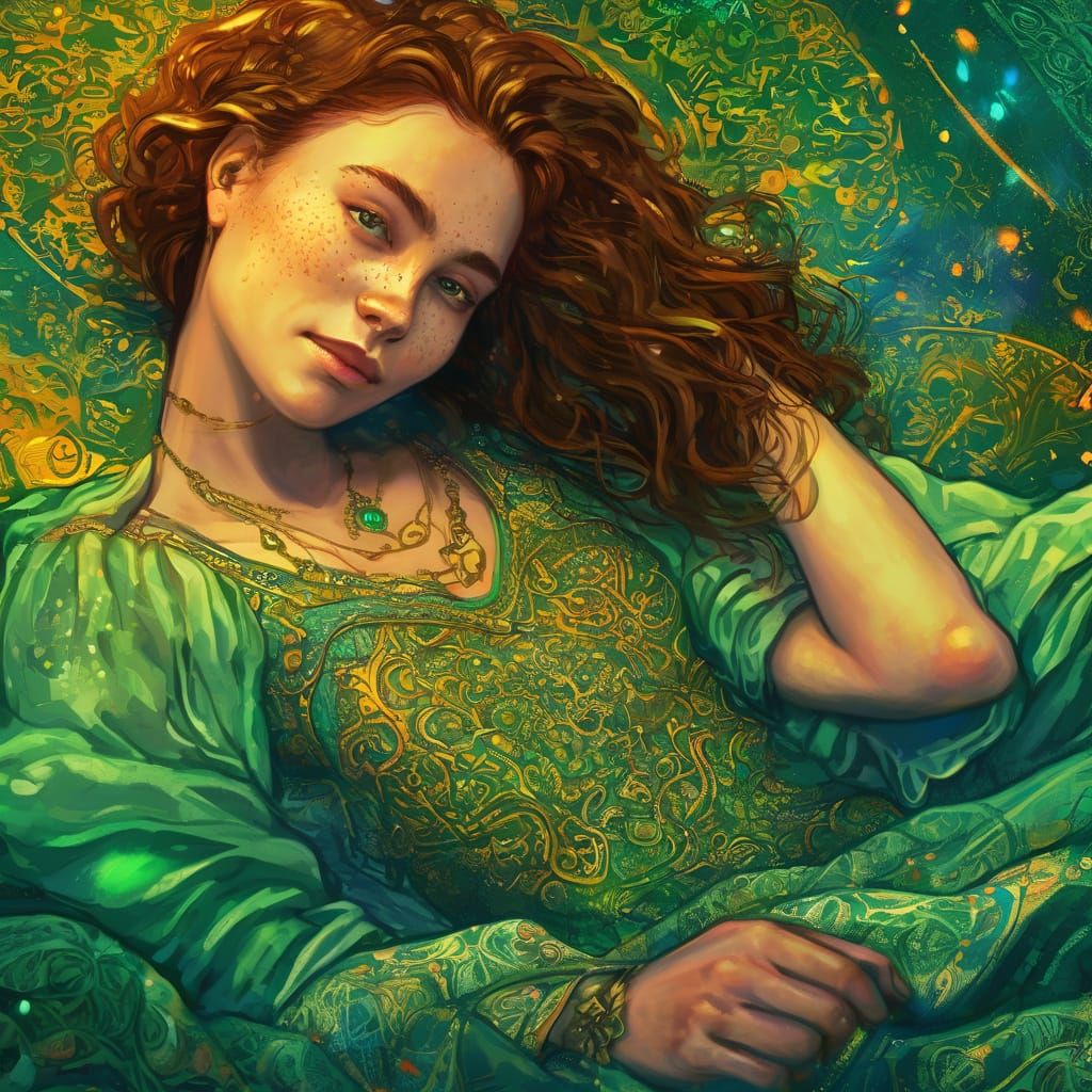 Enchanting Gothic Portrait of a Woman on Colorful Bed