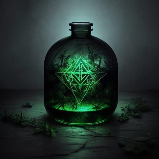 Mystical Potion Vial with Glowing Runes in Dim Light