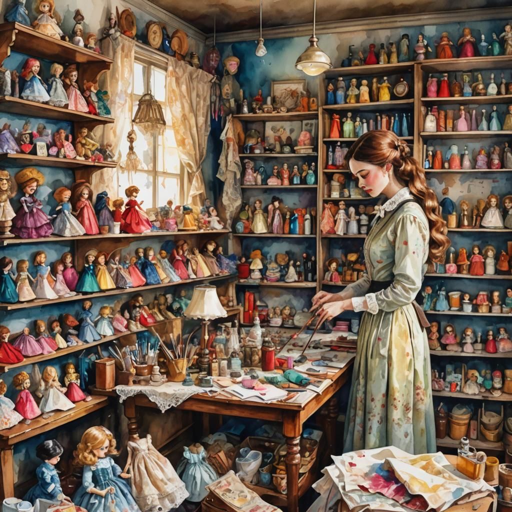 Woman Dressing Vintage Dolls in Watercolor Style