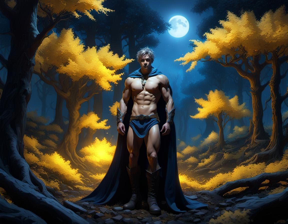 Handsome man in a magical forest with glowing trees